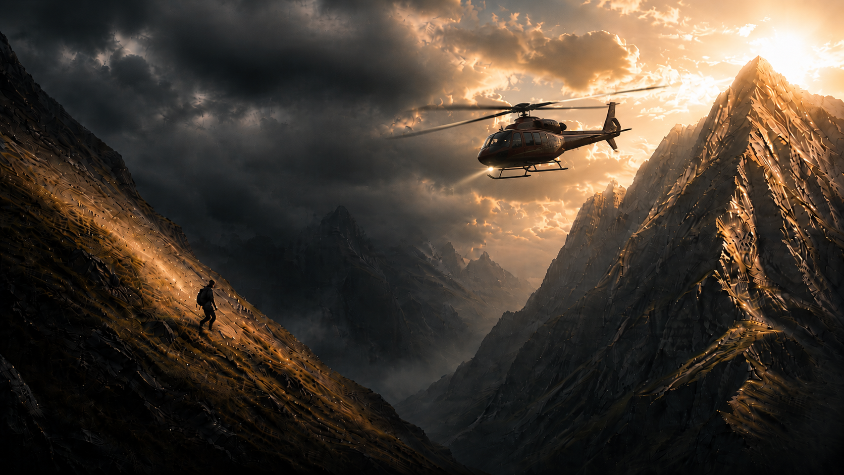 man representing a distressed company being saved from a mountain side by a helicopter representing 360 Veritas