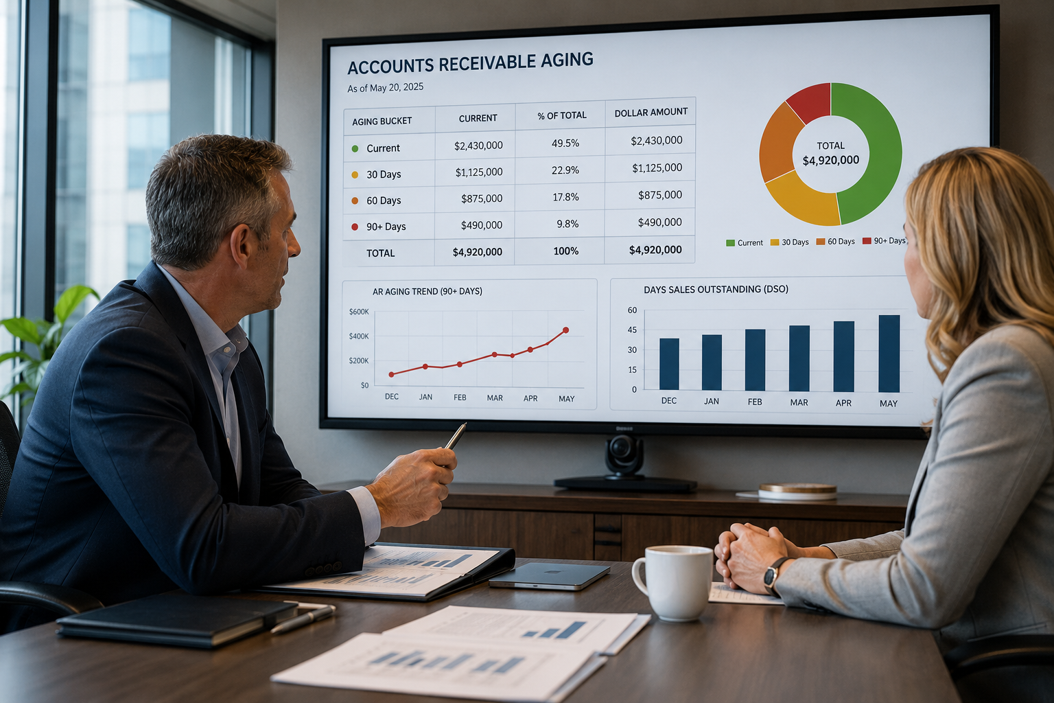 Lender and borrower reviewing AR aging report